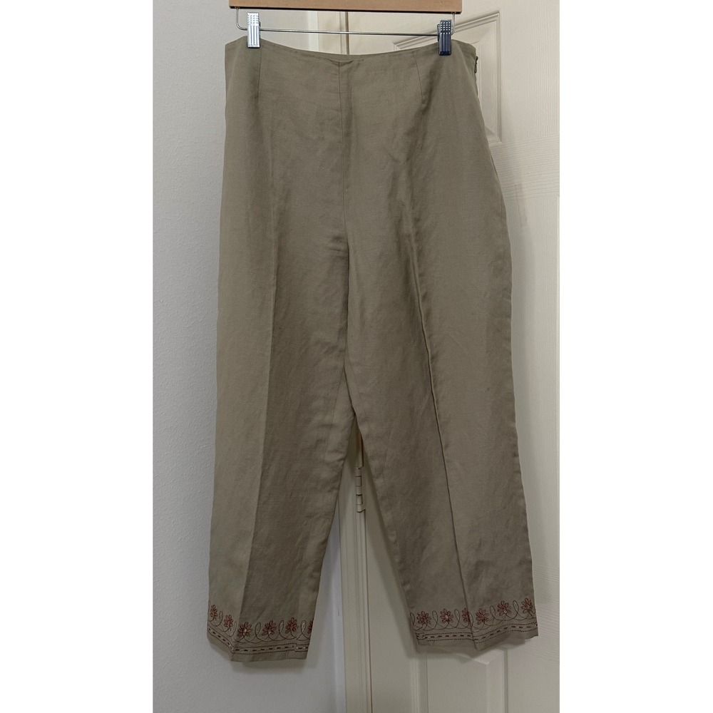 Annie Alexander Khaki Women's sz 12 Linen Blend Embroidered Hem Pants Boho‎